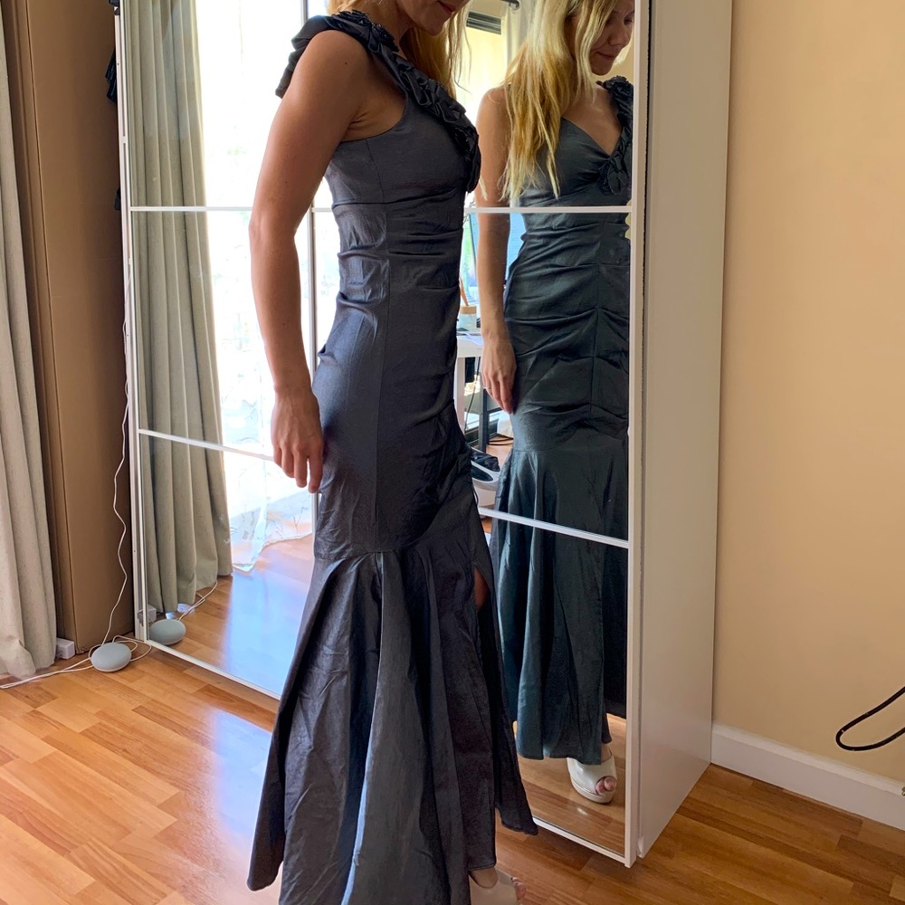 Silver stretchy evening prom gown size S